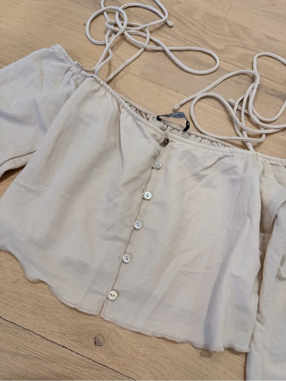 Zara Cream Off-Shoulder Button Crop Top with Bell Sleeves
